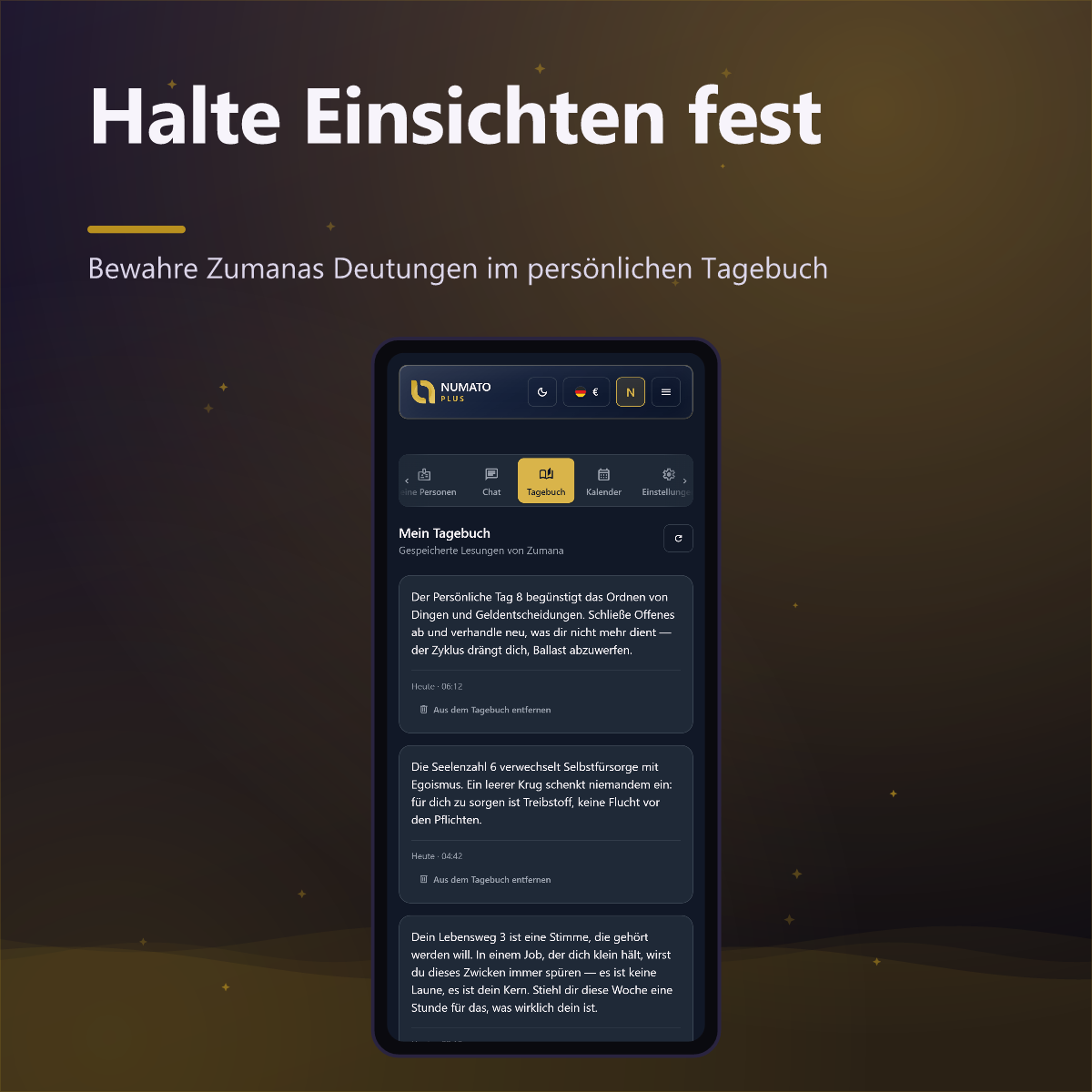 Numato Plus — Tagebuch mit den gespeicherten Einblicken von Zumana