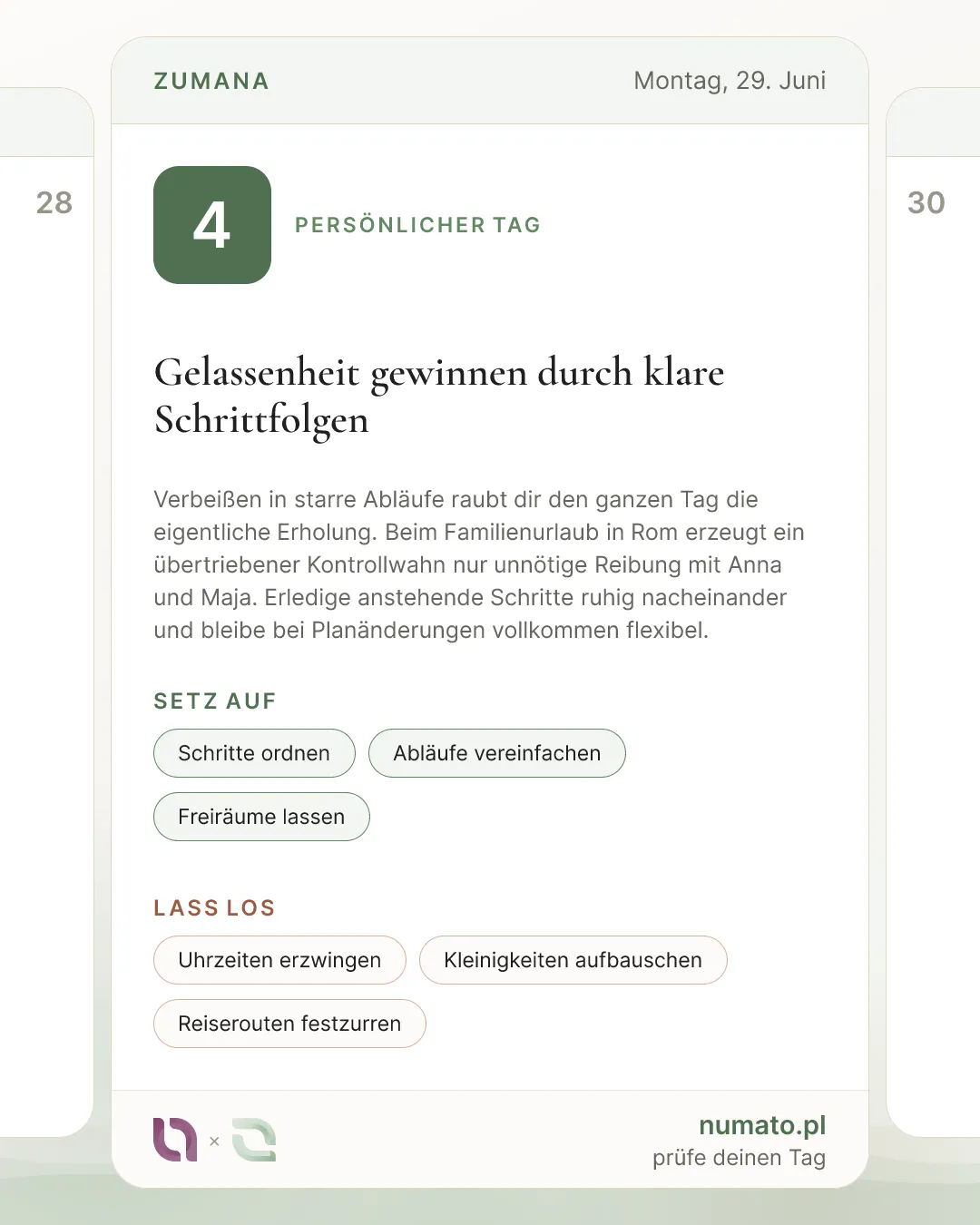 Die Tageskarte von Numato Plus im Hochformat 4:5, mit der Zahl des Persönlichen Tages, dem Titel des Tages und den Listen mit Empfehlungen und Abraten.