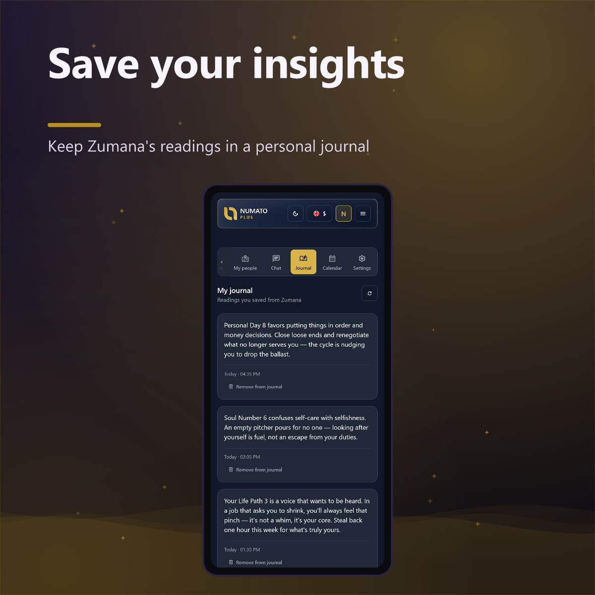 Numato Plus — journal with saved insights from Zumana
