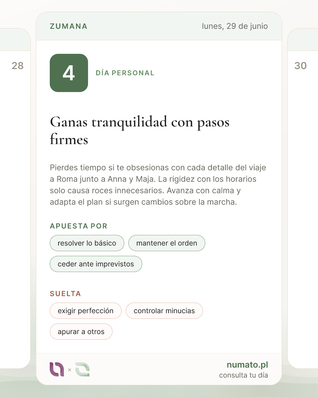 La tarjeta del día de Numato Plus en formato vertical 4:5, con el número del Día Personal, el lema del día y las listas de lo recomendado y lo desaconsejado.