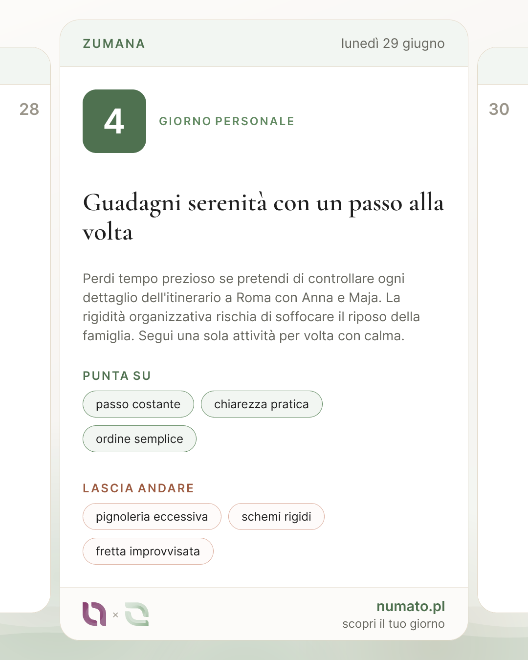 La carta del giorno di Numato Plus in formato verticale 4:5, con il numero del Giorno Personale, il titolo del giorno e gli elenchi di ciò che è consigliato e sconsigliato.