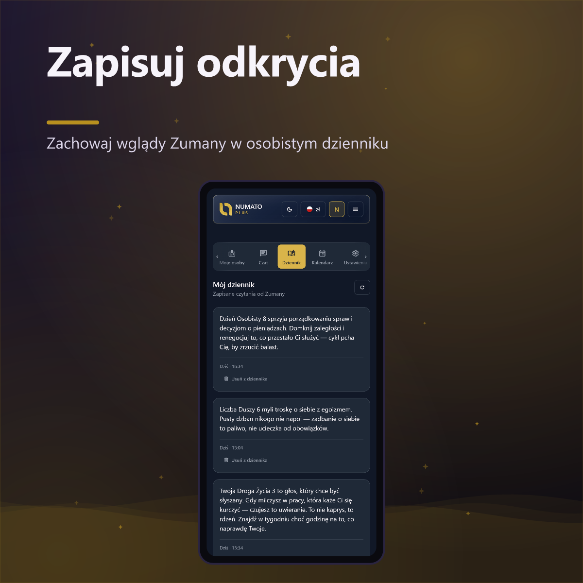 Numato Plus — dziennik z zapisanymi wglądami Zumany