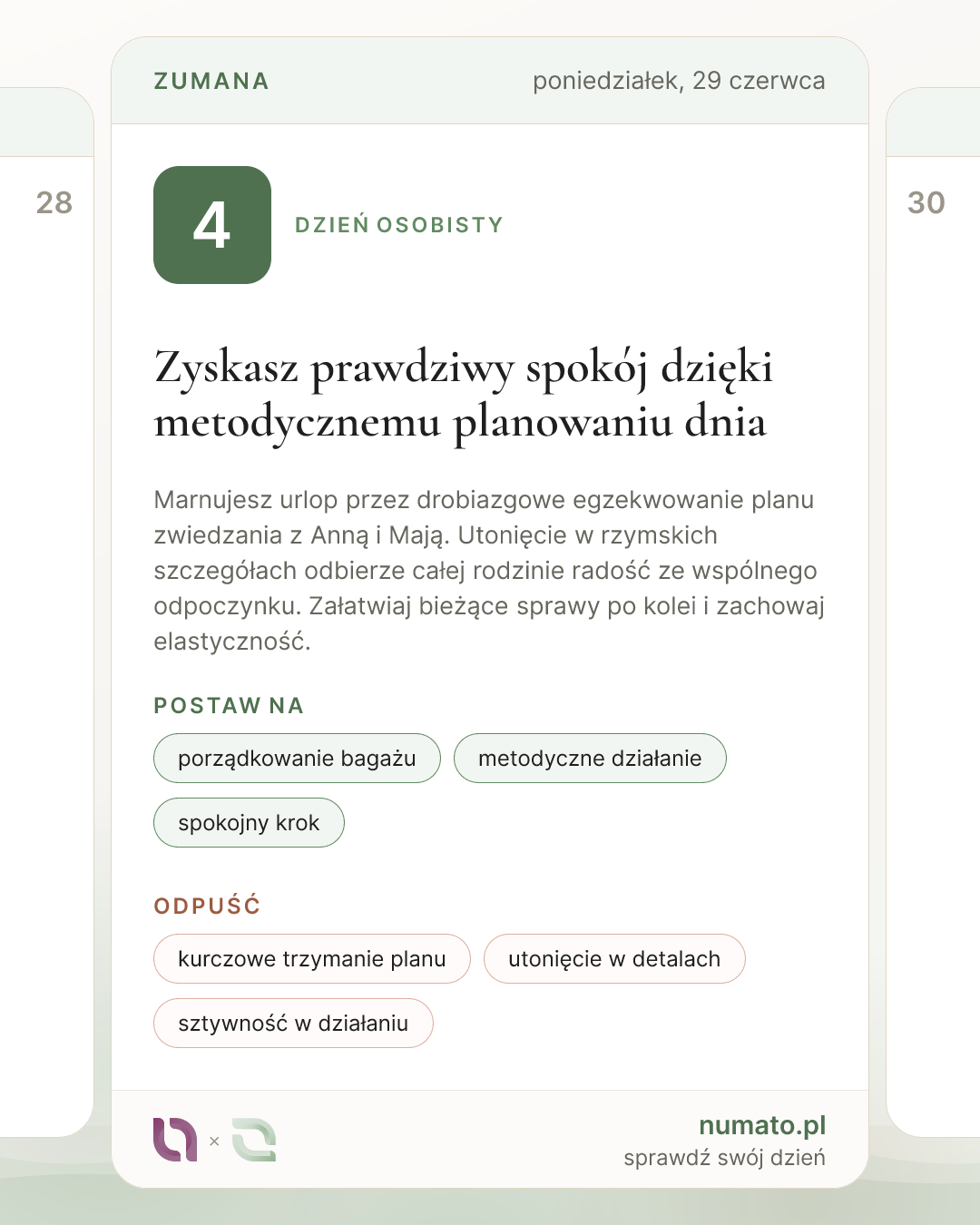 Karta dnia Numato Plus w kadrze pionowym 4:5 z liczbą Dnia Osobistego, hasłem dnia oraz listami czynności zalecanych i odradzanych.